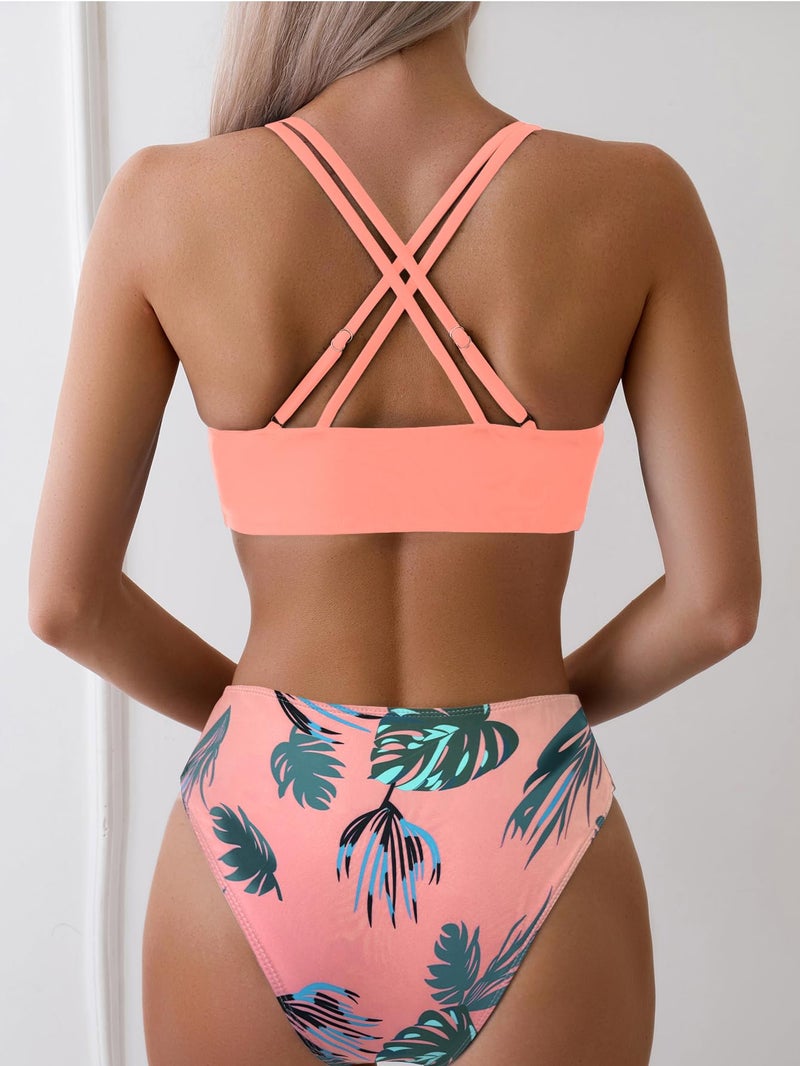 Fanuerg Women's Sexy V Neck Bikini Sets Hollow Out Two Piece Swimsuits Cutout Mid Waist Bathing Suit Coral Pink Floral M - Image 2