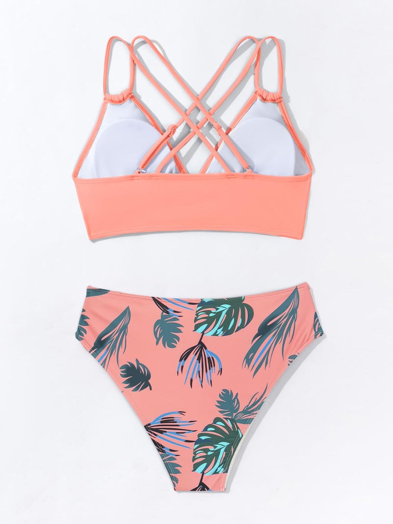 Fanuerg Women's Sexy V Neck Bikini Sets Hollow Out Two Piece Swimsuits Cutout Mid Waist Bathing Suit Coral Pink Floral M - Image 5
