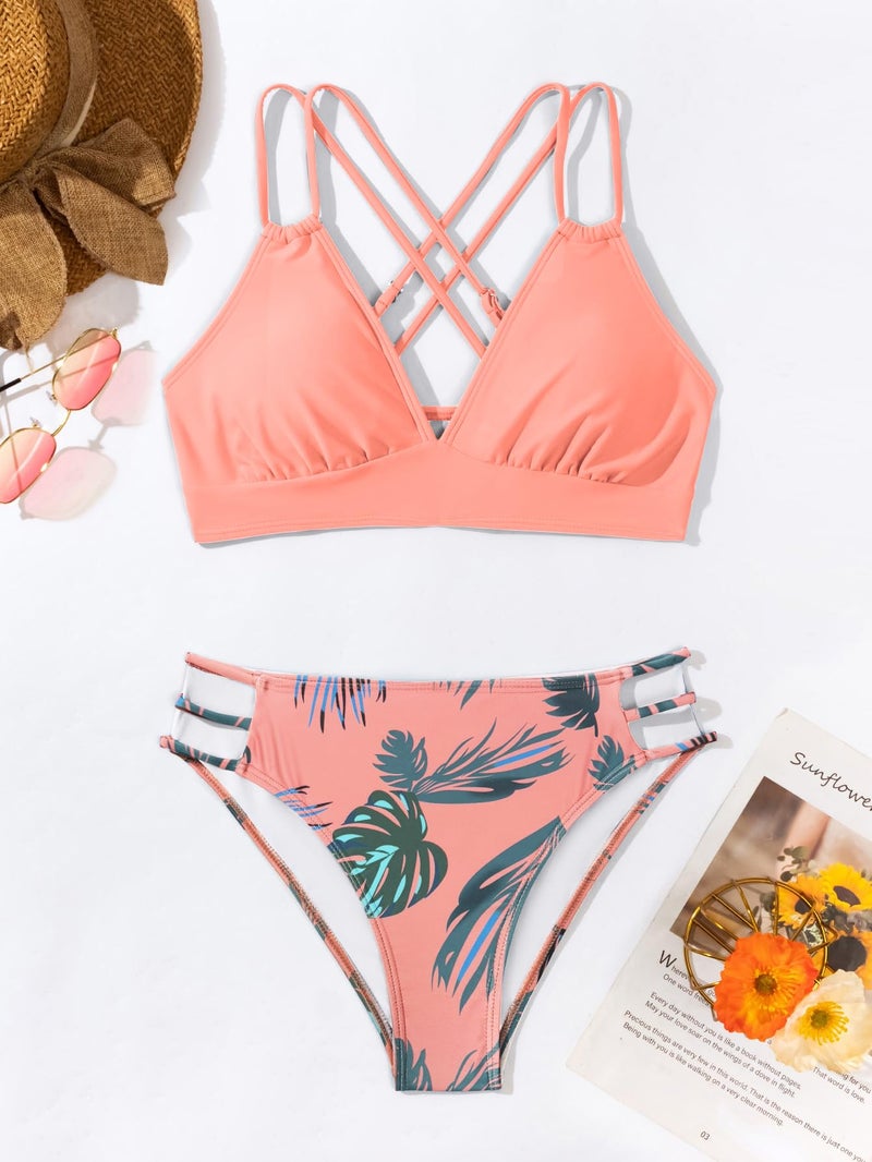 Fanuerg Women's Sexy V Neck Bikini Sets Hollow Out Two Piece Swimsuits Cutout Mid Waist Bathing Suit Coral Pink Floral M - Image 4