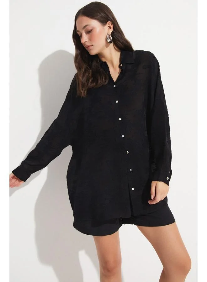 JUNE June Women Exclusive Oversize/Loose Fit Viscose Blend Self-Fited Shirt Black