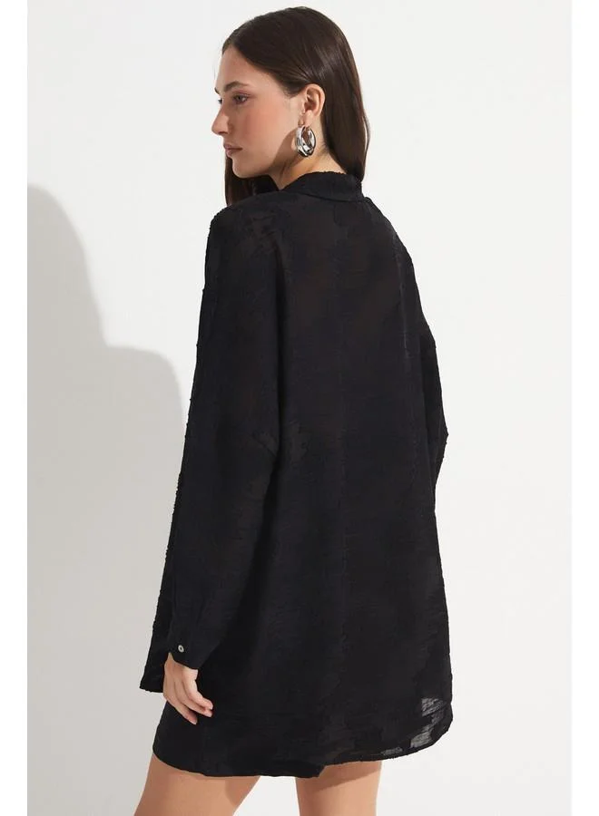 JUNE June Women Exclusive Oversize/Loose Fit Viscose Blend Self-Fited Shirt Black