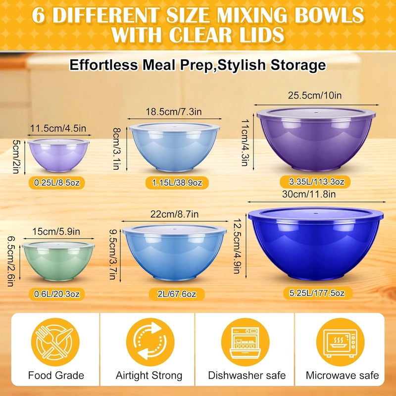 LemonRoad 6 Pcs Plastic Mixing Bowl Set with Lids Colorful Serving Bowl Nesting Storage Bowls for Kitchen, Baking, Prepping, Cooking and Serving Food, Dishwasher & Microwave Safe (Dark Blue) - Image 2