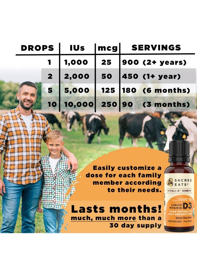 Sacred Eats Organic Liquid Vitamin D Drops for Kids & Adults, Sugar Free. Easy to Use 1,000 IU/Drop in Coconut MCT Oil. Lasts Months, Best for High Doses. Max Absorption VIT D3 Supplement. Great Taste (Citrus) - Image 2