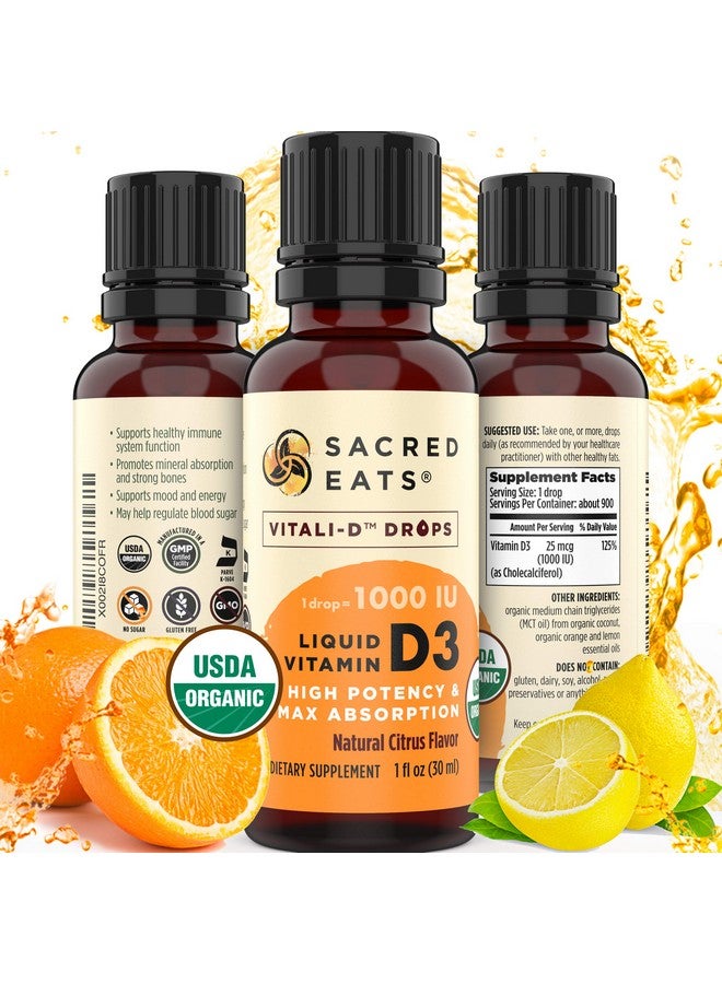 Sacred Eats Organic Liquid Vitamin D Drops for Kids & Adults, Sugar Free. Easy to Use 1,000 IU/Drop in Coconut MCT Oil. Lasts Months, Best for High Doses. Max Absorption VIT D3 Supplement. Great Taste (Citrus) - Image 1