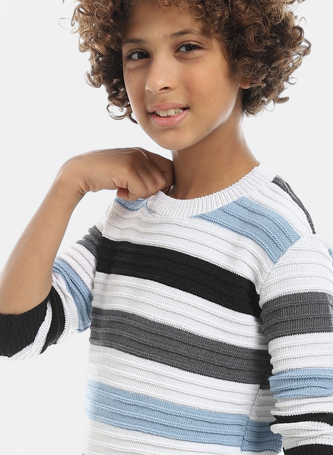 Andora Multicolored Stripped Round Collar Basic Pullover-Light Blue - Image 4