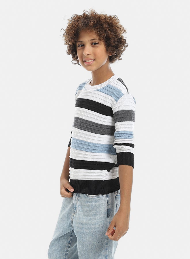 Andora Multicolored Stripped Round Collar Basic Pullover-Light Blue - Image 2