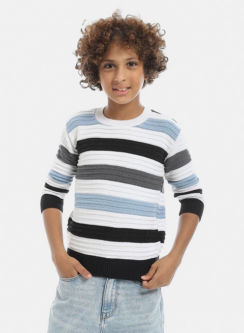 Multicolored Stripped Round Collar Basic Pullover-Light Blue