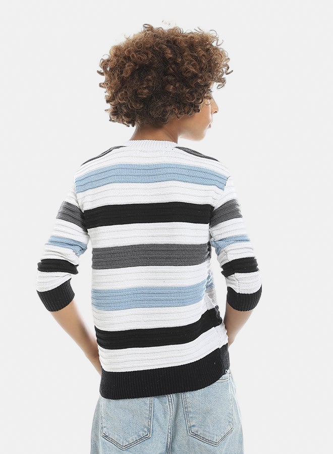 Andora Multicolored Stripped Round Collar Basic Pullover-Light Blue - Image 3