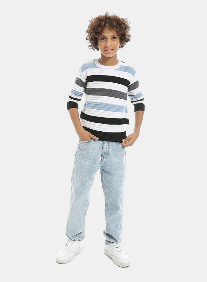 Andora Multicolored Stripped Round Collar Basic Pullover-Light Blue - Image 5