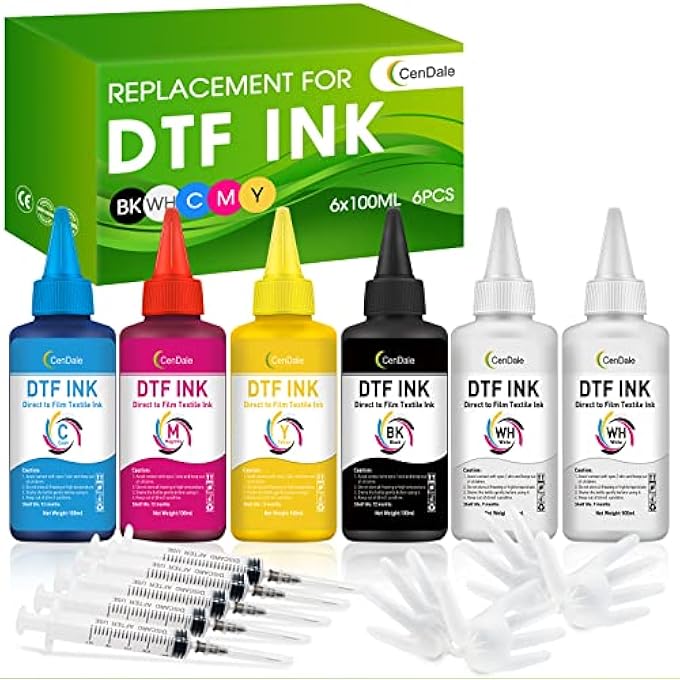 PREMIUM DTF INK 600ML- DTF TRANSFER INK FOR PET FILM, REFILL FOR DTF PRINTERS EPSON ET-8550, XP-15000, L1800, L805, R1390, R2400, HEAT TRANSFER PRINTING DIRECT TO FILM (100ML X 6, CMYK WH) - Image 1
