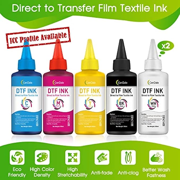 PREMIUM DTF INK 600ML- DTF TRANSFER INK FOR PET FILM, REFILL FOR DTF PRINTERS EPSON ET-8550, XP-15000, L1800, L805, R1390, R2400, HEAT TRANSFER PRINTING DIRECT TO FILM (100ML X 6, CMYK WH) - Image 2