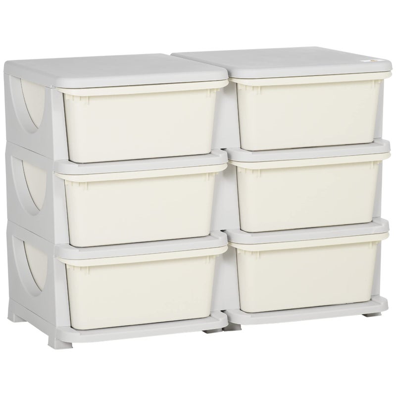 Qaba 3 Tier Kids Storage Unit 6 Drawer Chest Toy Organizer Plastic Bins for Kids Bedroom Nursery Kindergarten Living Room for Boys Girls Toddlers Cream White