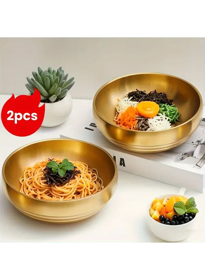 Golden Color Double Layer Stainless Steel Noodle Bowls Set of 2 - Image 1