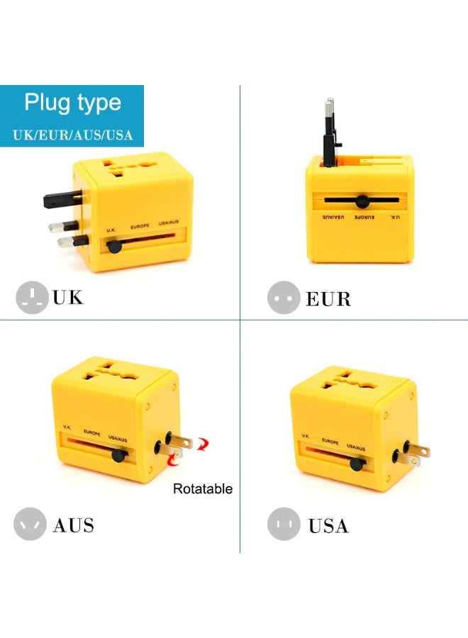 Chabeia 5 in 1Universal International Power Travel Plug Adapter, with 2.4A Dual USB-A,European Travel Plug Adapter ,for Europe USA UK AUS Asia ,Worldwide Universal Travel Adapter Plug Converter Charger Outlet ,1500W Multifunctional International Power Adapter Wall Charger with Child Safety Door,Global AC Outlet -Yellow - Image 3