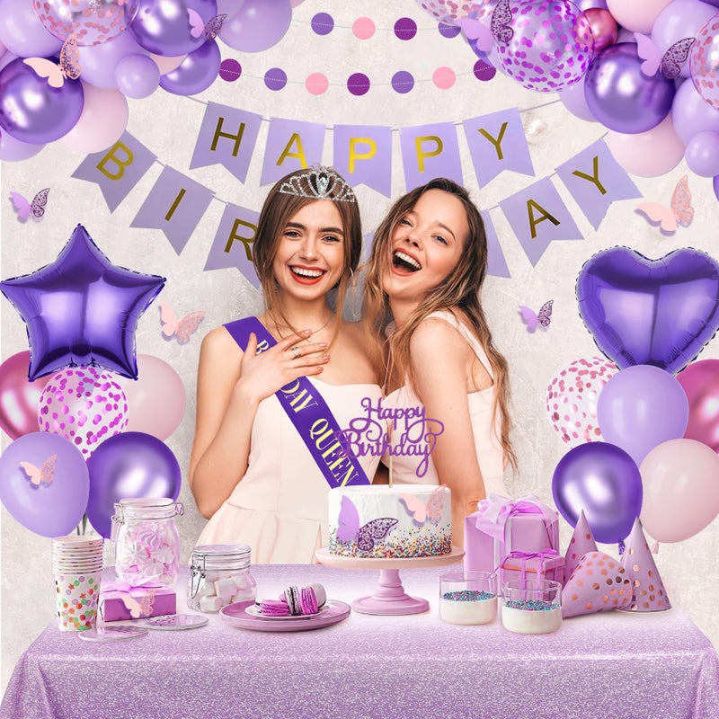 Amandir Purple Birthday Decorations for Women Girls, Pastel Pink and Purple Balloons Foil Table Cloth Sash Crown Fringe Curtains Happy Birthday Banner Circle Garland Butterfly Cake Topper Party Supplies - Image 5