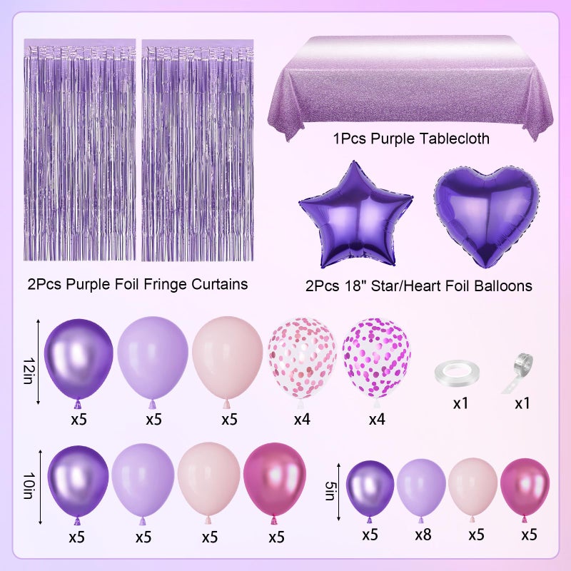 Amandir Purple Birthday Decorations for Women Girls, Pastel Pink and Purple Balloons Foil Table Cloth Sash Crown Fringe Curtains Happy Birthday Banner Circle Garland Butterfly Cake Topper Party Supplies - Image 2
