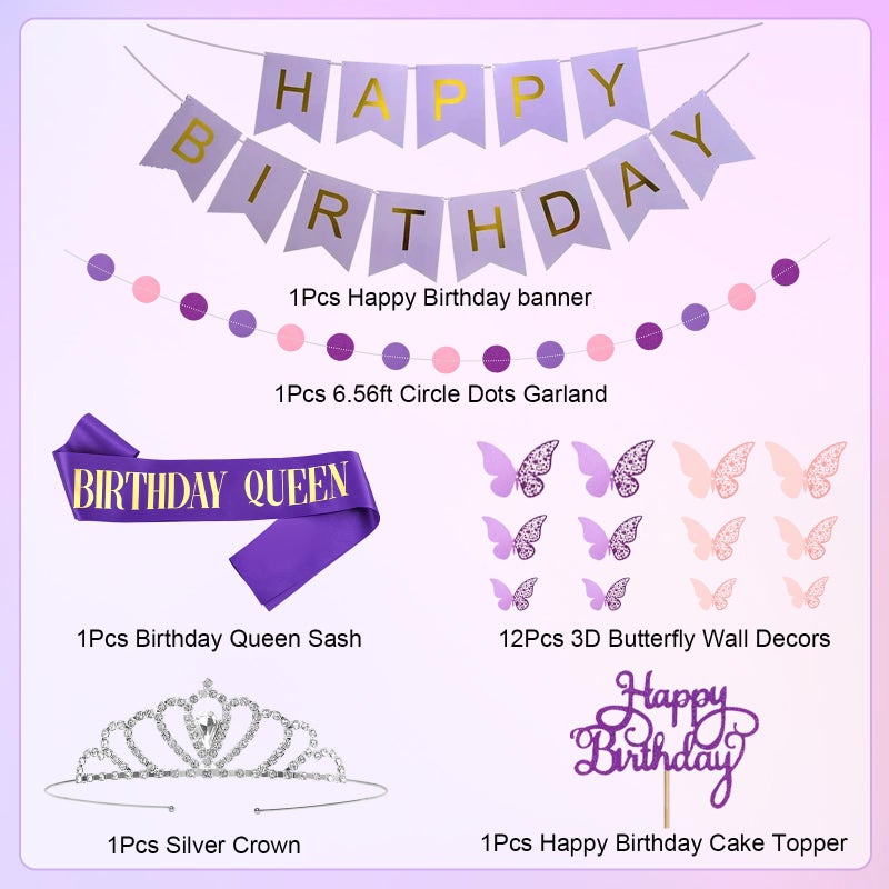 Amandir Purple Birthday Decorations for Women Girls, Pastel Pink and Purple Balloons Foil Table Cloth Sash Crown Fringe Curtains Happy Birthday Banner Circle Garland Butterfly Cake Topper Party Supplies - Image 3