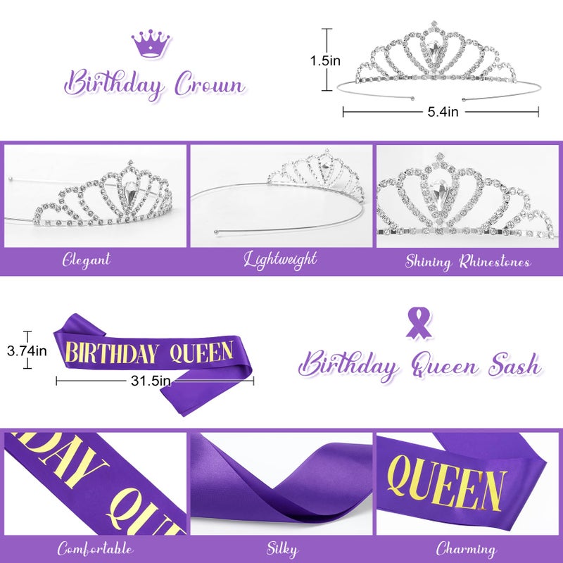 Amandir Purple Birthday Decorations for Women Girls, Pastel Pink and Purple Balloons Foil Table Cloth Sash Crown Fringe Curtains Happy Birthday Banner Circle Garland Butterfly Cake Topper Party Supplies - Image 4