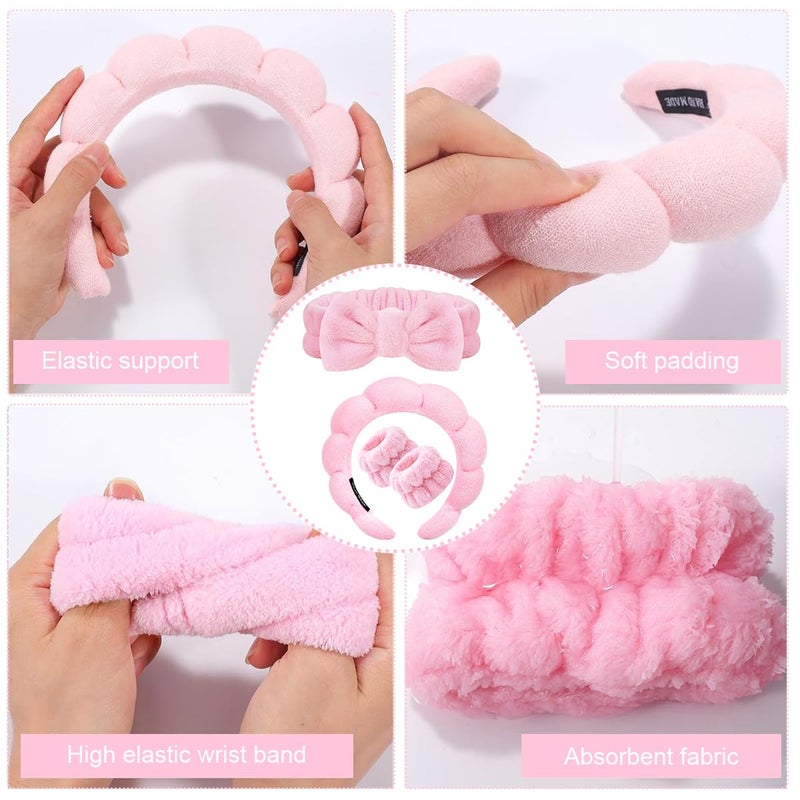 M'AYCREATE MAYCREATE® Face Wash Headband Wristband Set of 4Pcs Facial Headband for Face Washing Flannel Wristband Hair Band Combo for Makeup, Spa Headband for Women Sunflower Edge Sponge Headband, Pink - Image 3