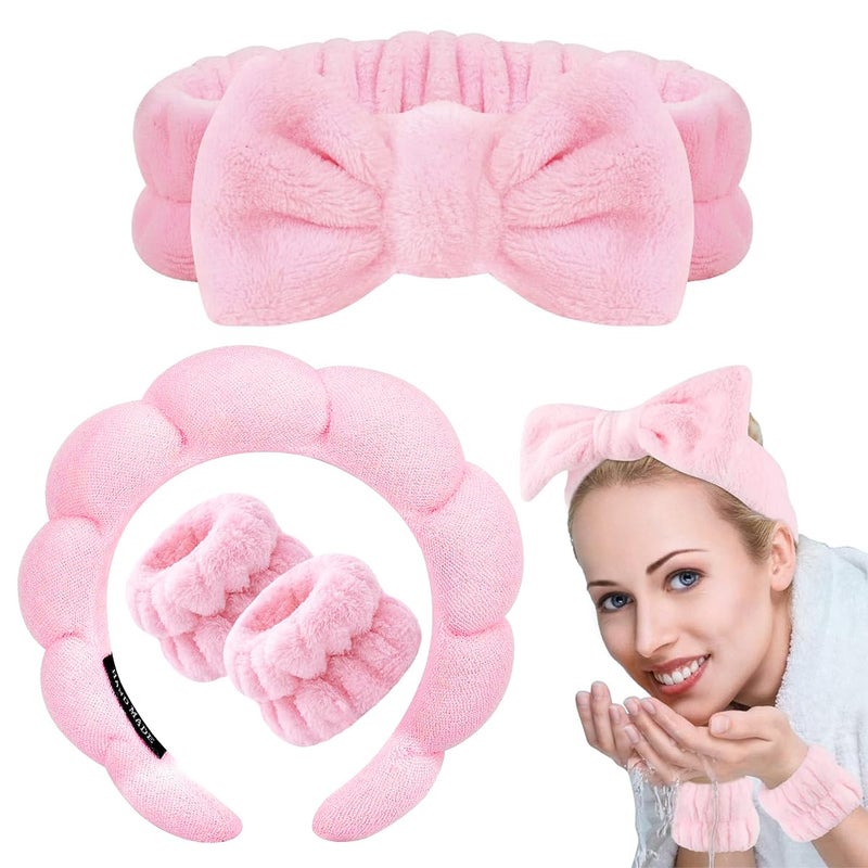 M'AYCREATE MAYCREATE® Face Wash Headband Wristband Set of 4Pcs Facial Headband for Face Washing Flannel Wristband Hair Band Combo for Makeup, Spa Headband for Women Sunflower Edge Sponge Headband, Pink - Image 1