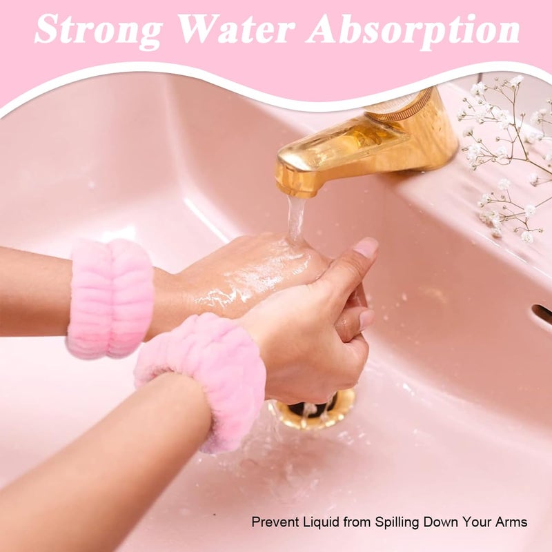 M'AYCREATE MAYCREATE® Face Wash Headband Wristband Set of 4Pcs Facial Headband for Face Washing Flannel Wristband Hair Band Combo for Makeup, Spa Headband for Women Sunflower Edge Sponge Headband, Pink - Image 4