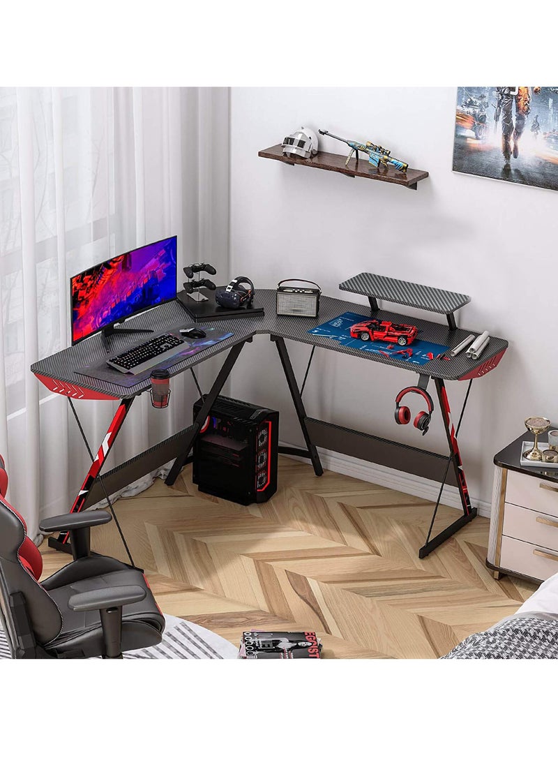 In Air L Shaped Gaming Desk, 51 Inch Computer Corner Table with, Sturdy Office Desks Writing Workstation with Monitor Cup Stand & Riser Holder &  Carbon Fiber Texture & Headphone Hook Gamer Table (Black)  - Image 4
