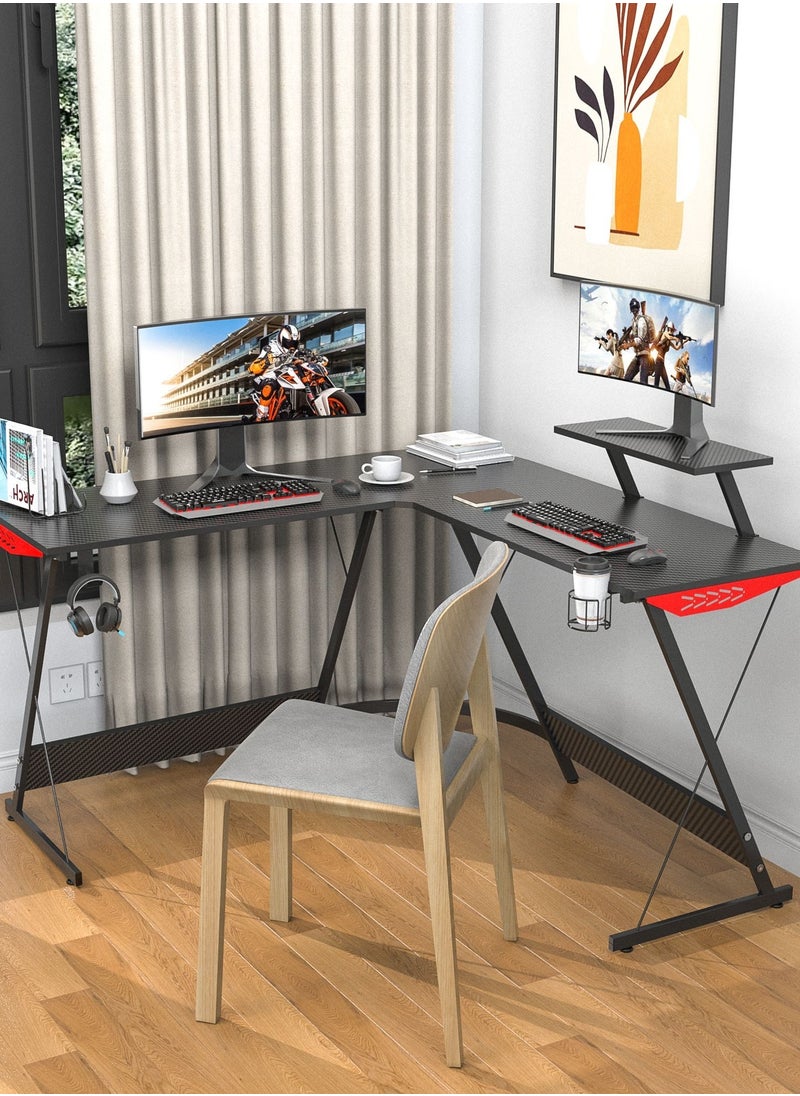 In Air L Shaped Gaming Desk, 51 Inch Computer Corner Table with, Sturdy Office Desks Writing Workstation with Monitor Cup Stand & Riser Holder &  Carbon Fiber Texture & Headphone Hook Gamer Table (Black)  - Image 2