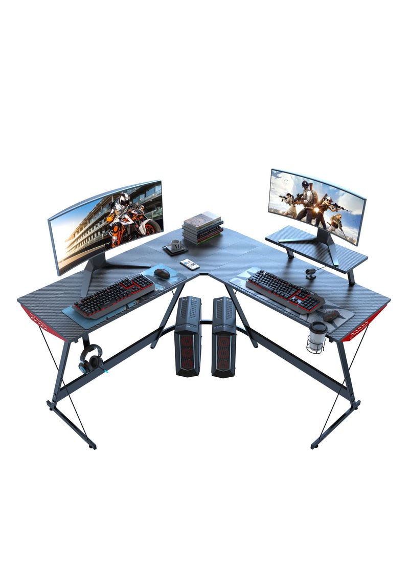 In Air L Shaped Gaming Desk, 51 Inch Computer Corner Table with, Sturdy Office Desks Writing Workstation with Monitor Cup Stand & Riser Holder &  Carbon Fiber Texture & Headphone Hook Gamer Table (Black)  - Image 1