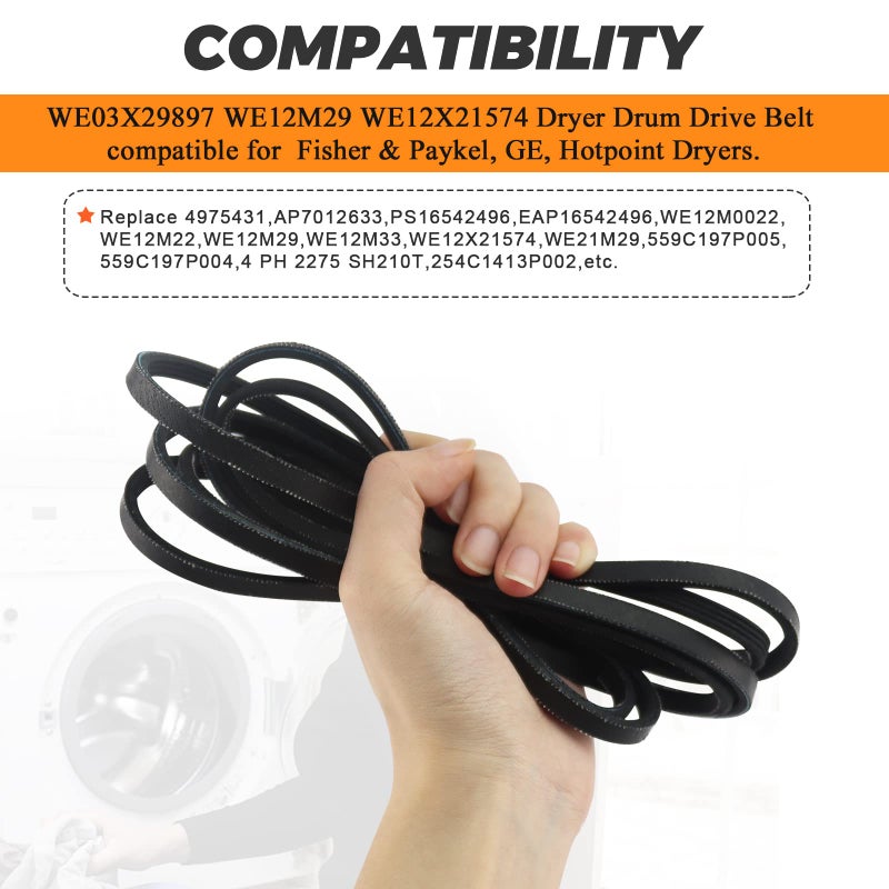 Blutoget We12M29 We03X29897 We12X21574 Dryer Drum Drive Belt By Blutoget Replace We12M22 137292700 We120122 Ap4565702 134163500 - Fit For Ge Hotpoint Dryers Gtd33Eask0Ww Gtd42Easj2Ww (89-1/2 Inches Length) - Image 5