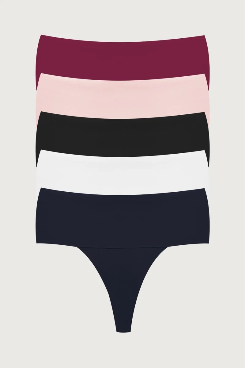 COTTONHILL Laser Cut Flexible Non-marking High Waist Thong 5-Pack Panties