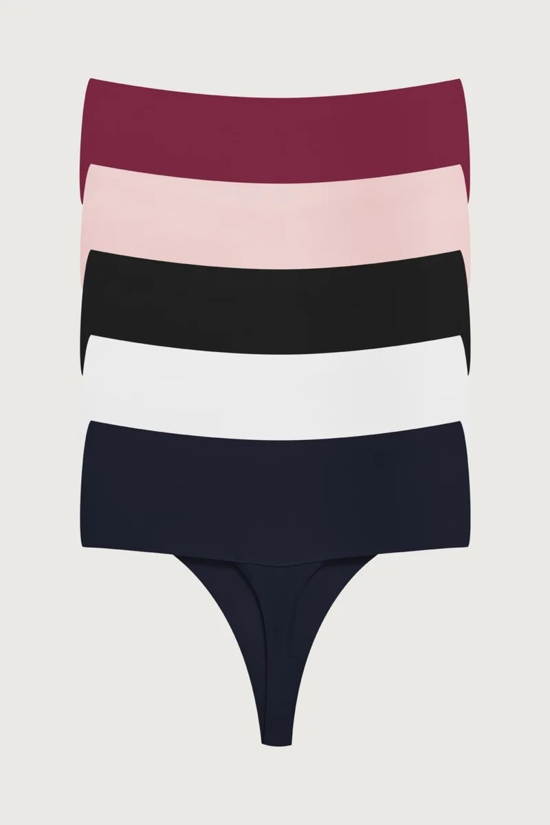 COTTONHILL Laser Cut Flexible Non-marking High Waist Thong 5-Pack Panties