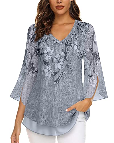 Timeson Blouses for Women Dressy Casual,Tunic Tops for Women Loose Fit 3/4 Sleeves V Neck Elbow Length Modlily Tops Ladies Flowy Long Shirts Spring Business Attire Office Work Wear Black Gray L - Image 2