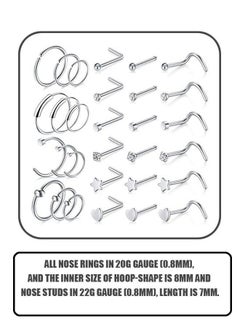 Generic 30 Pcs 20G Nose Rings For Women Nose Piercings Jewelry Gold Nose Rings Hoops Stainless Steel Nose Studs Screw For Women Men Silver  - Image 2