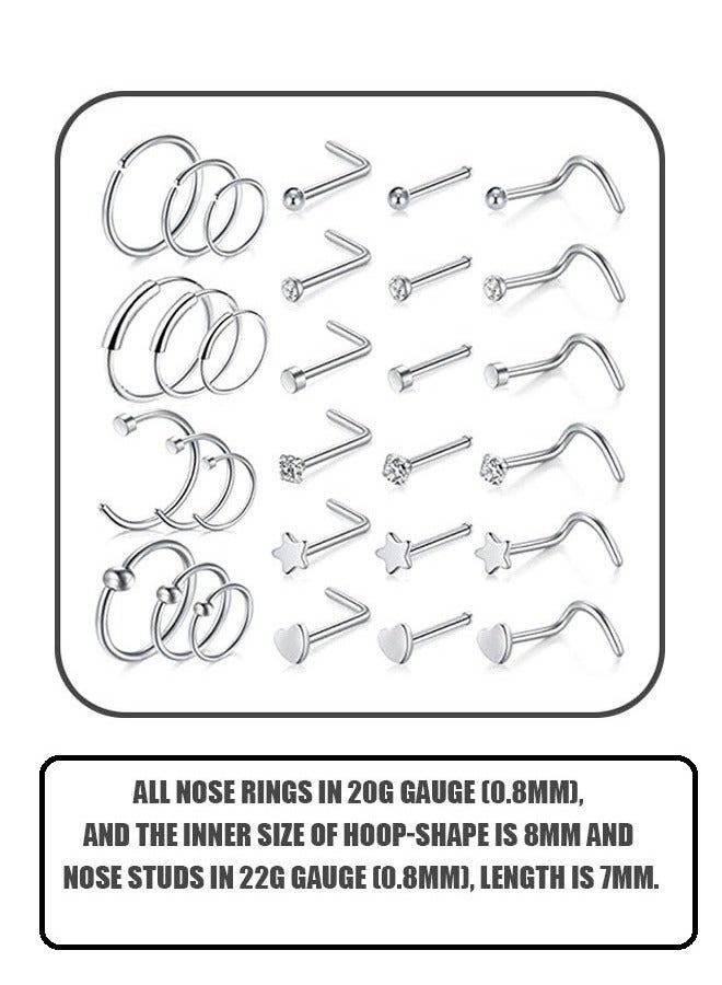 30 Pcs 20G Nose Rings For Women Nose Piercings Jewelry Gold Nose Rings Hoops Stainless Steel Nose Studs Screw For Women Men Silver  - Image 2