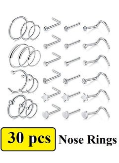 Generic 30 Pcs 20G Nose Rings For Women Nose Piercings Jewelry Gold Nose Rings Hoops Stainless Steel Nose Studs Screw For Women Men Silver  - Image 1