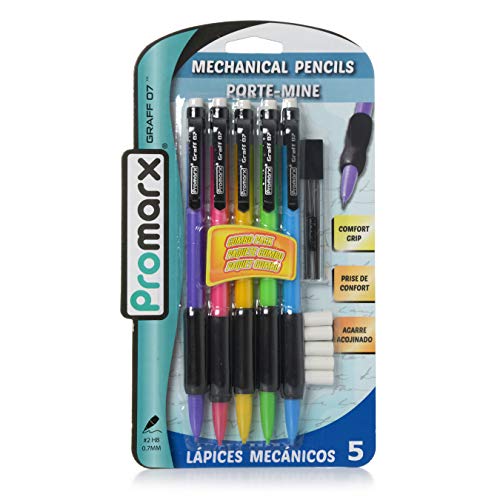 Promarx Graff 07 Mechanical Pencils with Comfort Grip, Extra Lead and Eraser Included, 0.7mm, Assorted Colors, 5 Count - Image 1