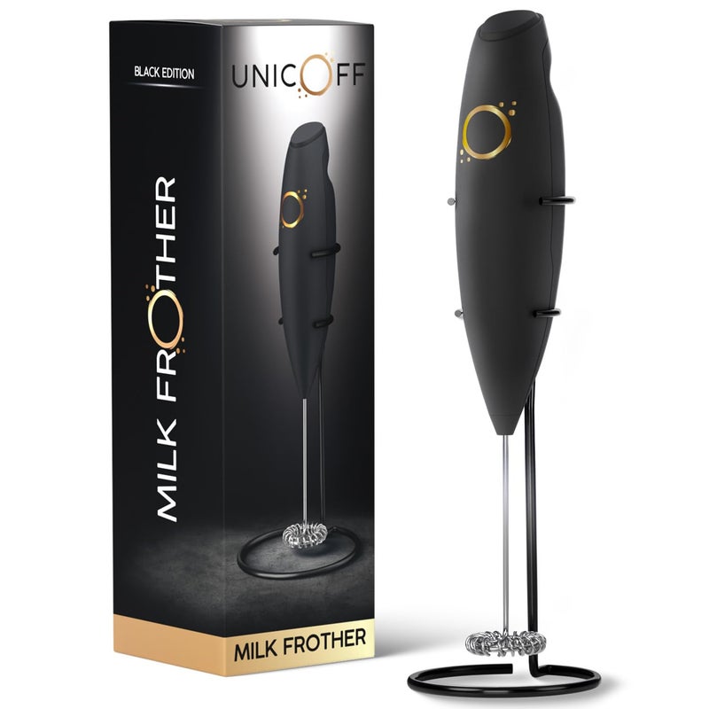 Unicoff Milk Frother Matte Black - Coffee Frother Handheld with Electric Whisk - 19000 rpm - Book Recipes and Stainless Steel Stand Included - Hand Mixer Electric (Matte Black Onyx) - Image 1