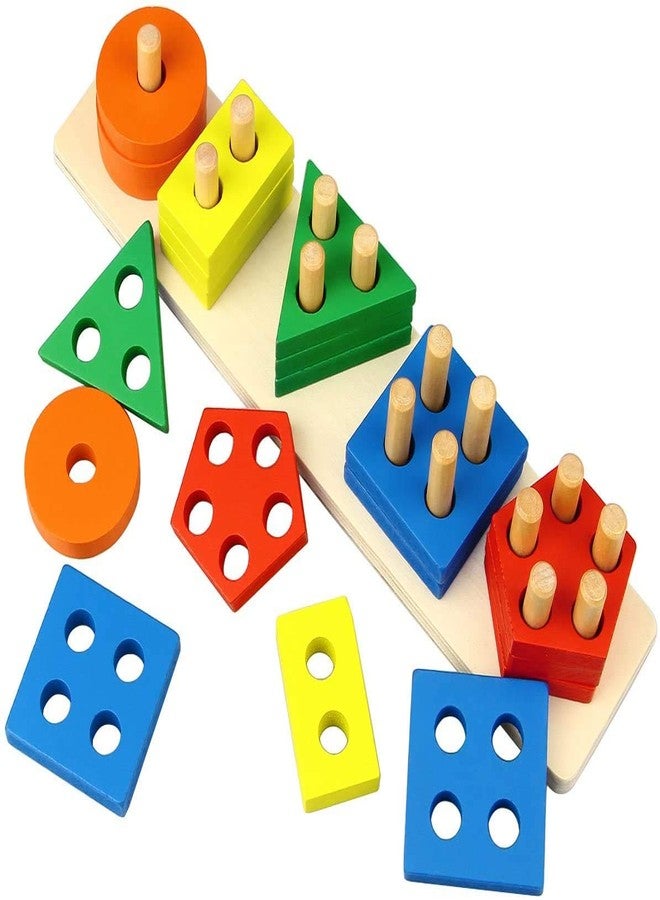 Authfort Wooden Educational Toys Shapes Sorter Chunky Puzzle with 20 Solid Wood Pieces - Your Dream Toys - Image 1