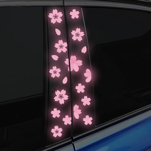 Iprokiu High Intensity Reflective Flower Car BPillar Sticker SelfAdhesive Cherry Blossom Center Pillar Decal Waterproof Vinyl Decal DIY Car Window Bumper Decor Pink - Image 1