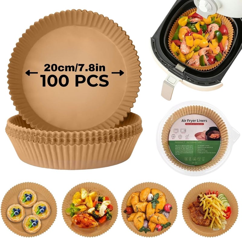 MARKQ Air Fryer Disposable Paper – Non Stick Round Parchment Liners, Food Grade Baking Paper for Air Fryer, Oven, Microwave, Cooking, Roasting, Frying, 20 cm, 100 Sheets - Image 1