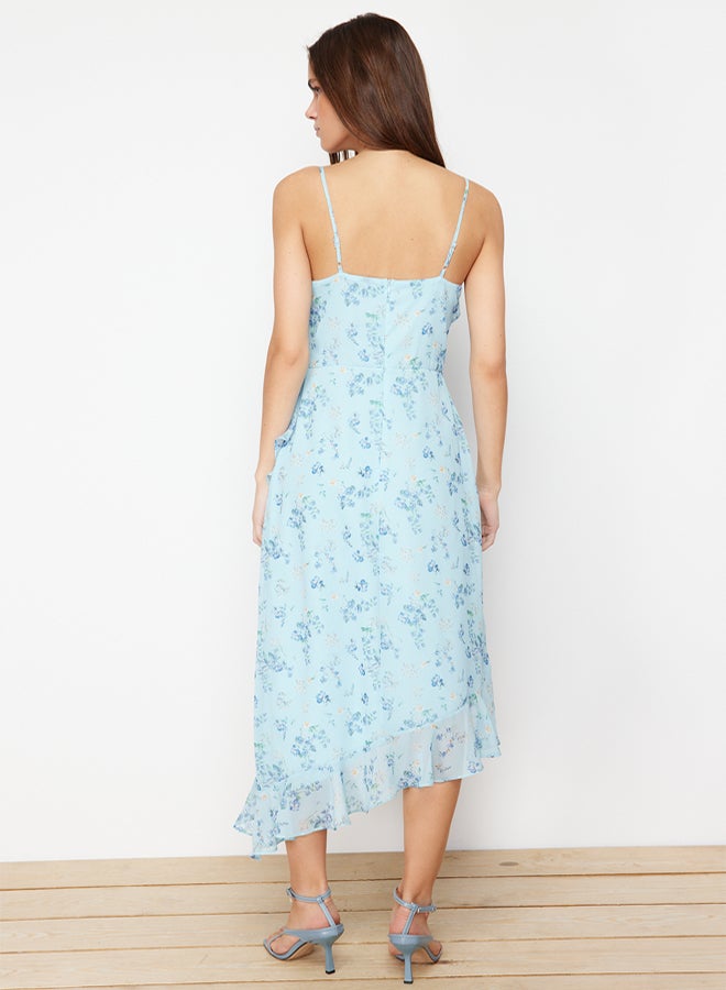 trendyol Blue Floral Ruffle A-line Chiffon Lined Maxi Woven Dress TWOSS24EL00692 - Image 5