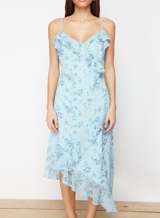 trendyol Blue Floral Ruffle A-line Chiffon Lined Maxi Woven Dress TWOSS24EL00692 - Image 4