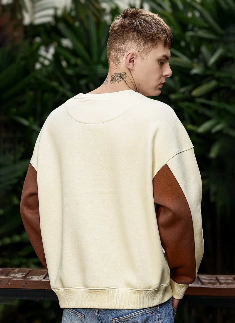 Maniac Maniac Mens Printed Round Neck Full Sleeve Creamd & Brown Fleece Sweatshirt
