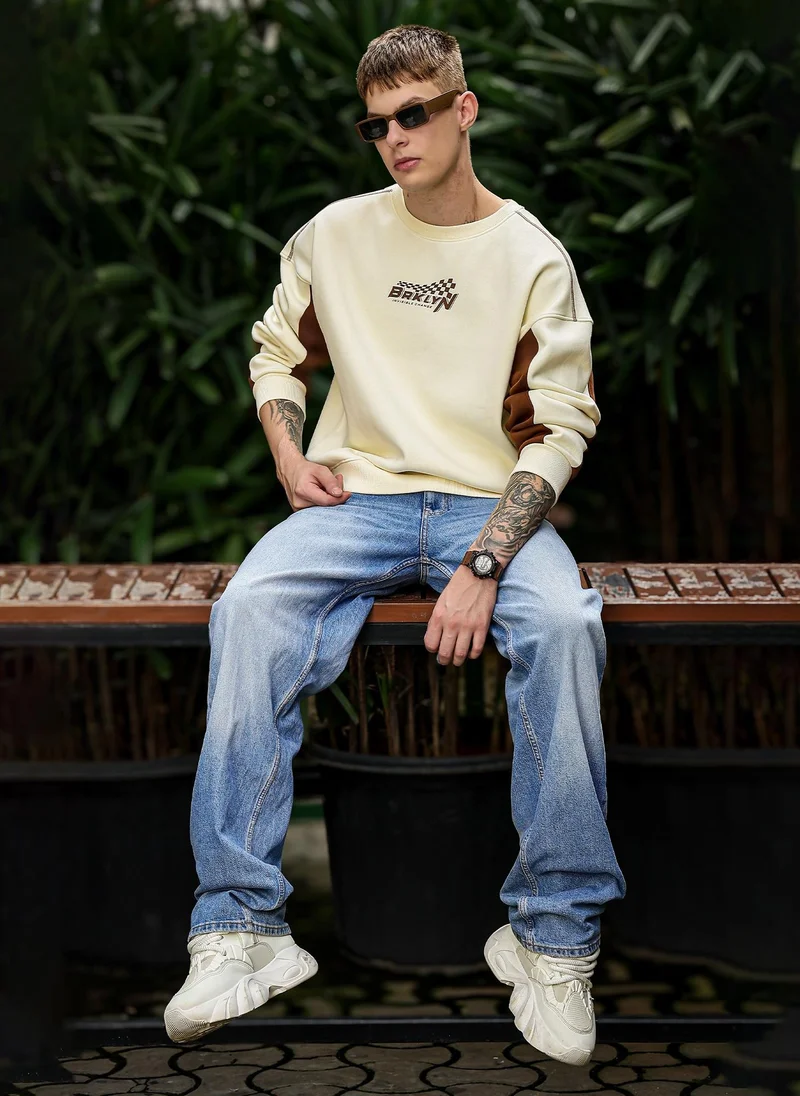 Maniac Maniac Mens Printed Round Neck Full Sleeve Creamd & Brown Fleece Sweatshirt