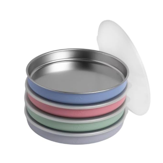 Elk and Friends 7.8 Stainless Steel Non Divided Plates with Silicone Sleeve + Storage Lid | Baby, Toddler, Kids | Dishwasher Safe | Dinner & Snack Plates | 4 Pack