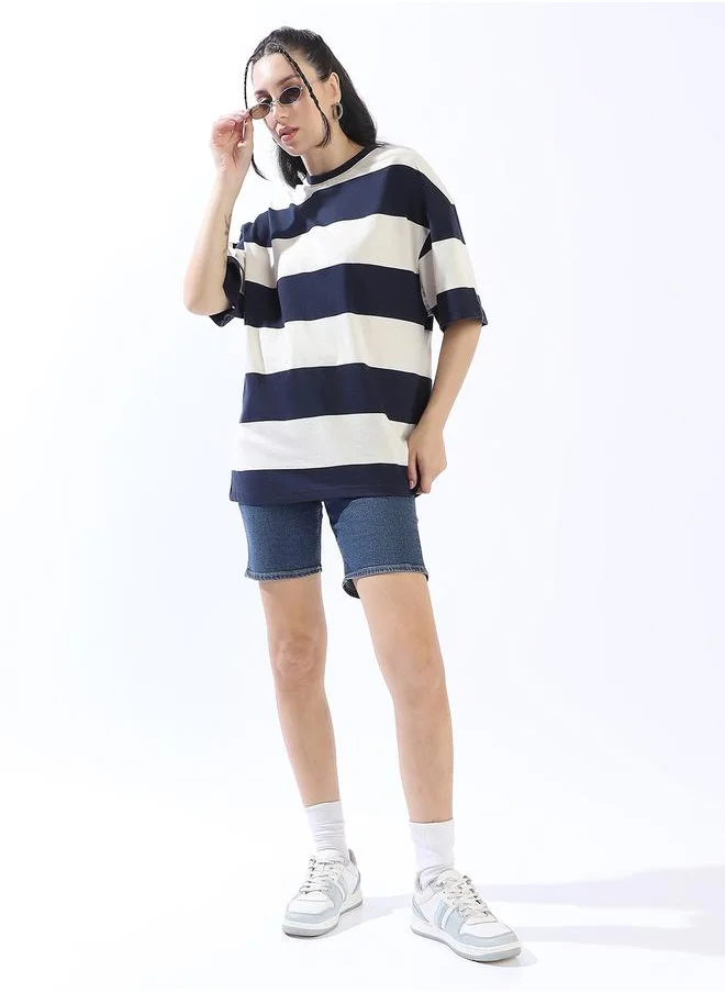 HIGH STAR Women's Multicolour Single Jersey Fabric Striped Oversized T-Shirt