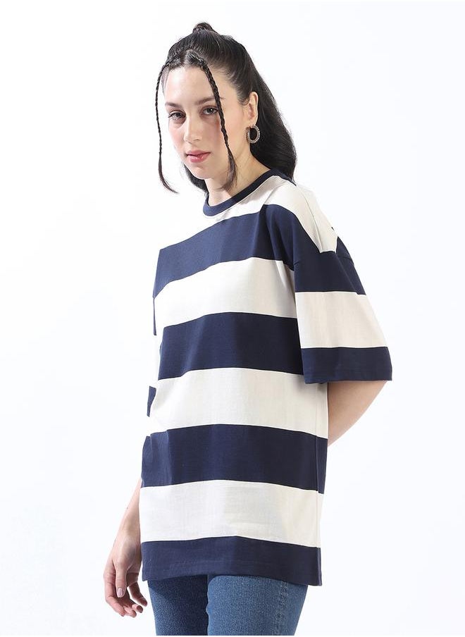 HIGH STAR Women's Multicolour Single Jersey Fabric Striped Oversized T-Shirt  - Image 3