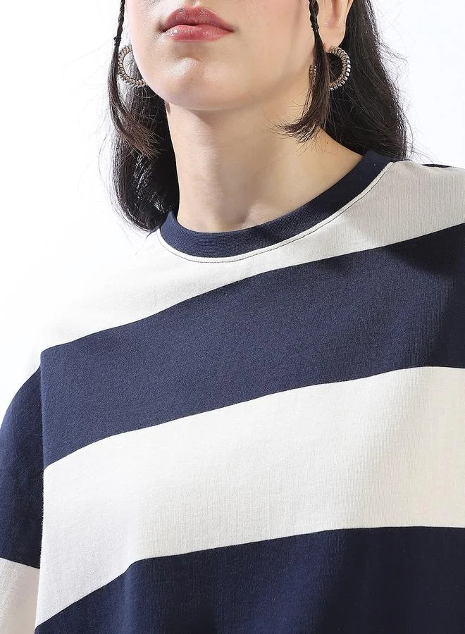 HIGH STAR Women's Multicolour Single Jersey Fabric Striped Oversized T-Shirt