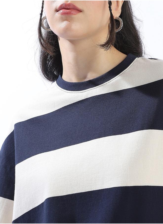 HIGH STAR Women's Multicolour Single Jersey Fabric Striped Oversized T-Shirt  - Image 4