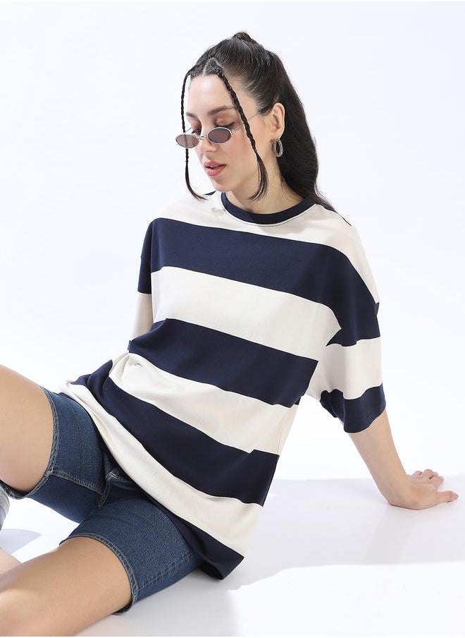 HIGH STAR Women's Multicolour Single Jersey Fabric Striped Oversized T-Shirt  - Image 1
